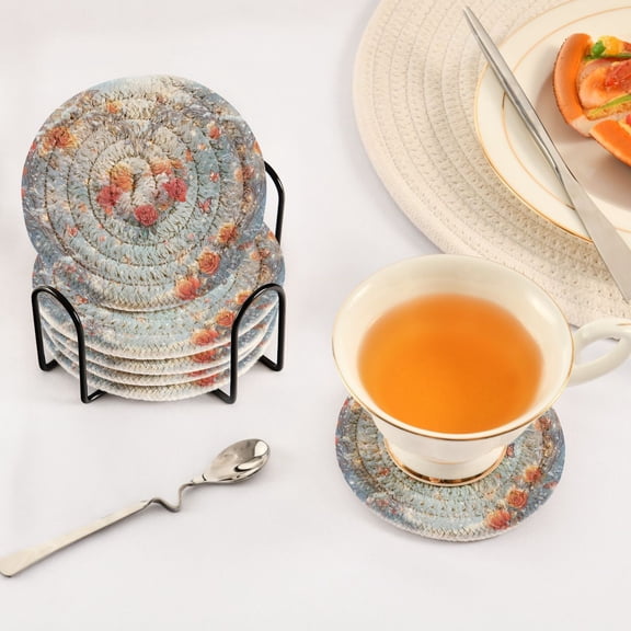 YAZAOO 6Pcs Drink Coasters With Holder 3.94Inch Heat Of Rose Printing Creative Coil Coaster Coasters Colors Absorbent Coasters for Drinks Coasters Set Thicken Heat for Home Table