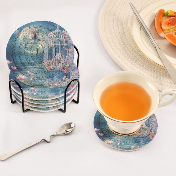 YAZAOO 6Pcs Drink Coasters With Holder 3.94Inch Hummingbird Cage Flowers Moonlit Scene Creative Coil Coaster Coasters Colors Absorbent Coasters for Drinks Coasters Set Thicken Heat for Home Table