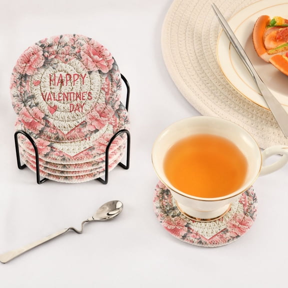 YAZAOO 6Pcs Drink Coasters With Holder 3.94Inch Valentine's Day Floral Card Creative Coil Coaster Coasters Colors Absorbent Coasters for Drinks Coasters Set Thicken Heat for Home Table