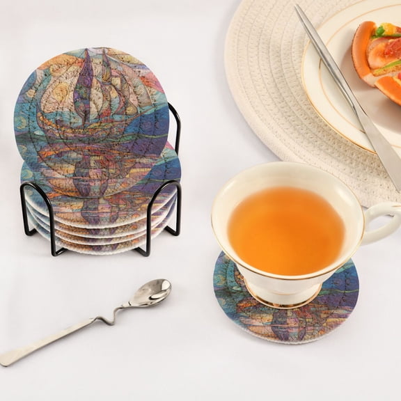 YAZAOO 6Pcs Drink Coasters With Holder 3.94Inch Colorful Sailboat Painting Creative Coil Coaster Coasters Colors Absorbent Coasters for Drinks Coasters Set Thicken Heat for Home Table