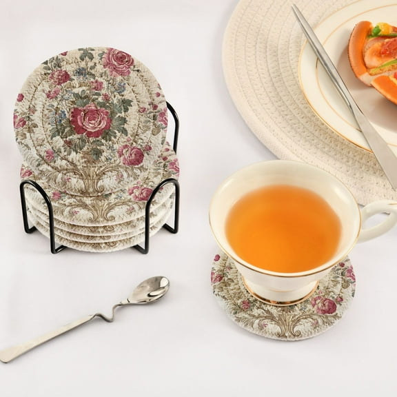 YAZAOO 6Pcs Drink Coasters With Holder 3.94Inch Timeless Floral Elegance Creative Coil Coaster Coasters Colors Absorbent Coasters for Drinks Coasters Set Thicken Heat for Home Table