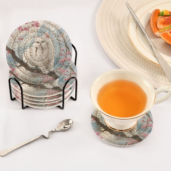 YAZAOO 6Pcs Drink Coasters With Holder 3.94Inch White Cat on Cherry Blossom Branch Creative Coil Coaster Coasters Colors Absorbent Coasters for Drinks Coasters Set Thicken Heat for Home Table