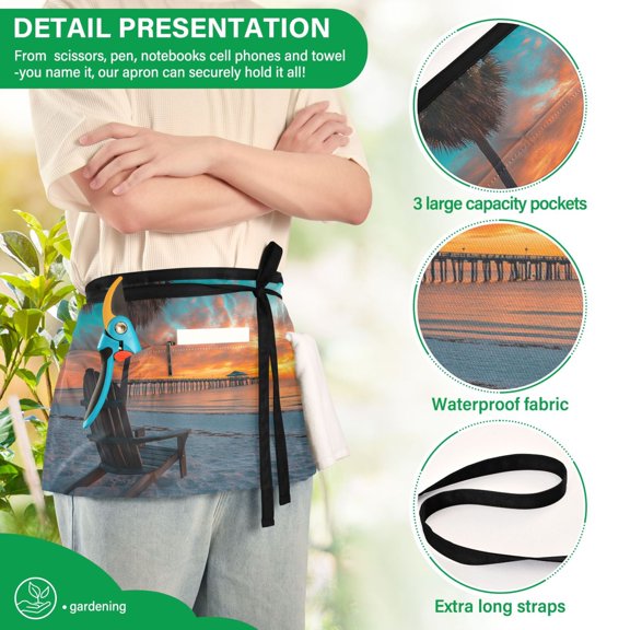 YAZAOO Aprons with Pockets for Server Aprons with 3 Pockets Water Resistant Half Waist Apron Beach Sunset with Pier