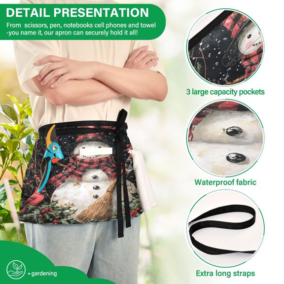 YAZAOO Aprons with Pockets for Server Aprons with 3 Pockets Water Resistant Half Waist Apron Beautiful Winter Snowman
