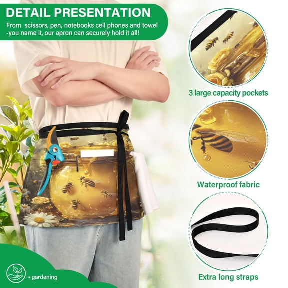 YAZAOO Aprons with Pockets for Server Aprons with 3 Pockets Water Resistant Half Waist Apron Bee Take Honey