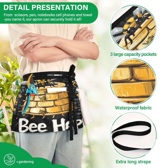 YAZAOO Aprons with Pockets for Server Aprons with 3 Pockets Water Resistant Half Waist Apron Cartoon Bee Pattern