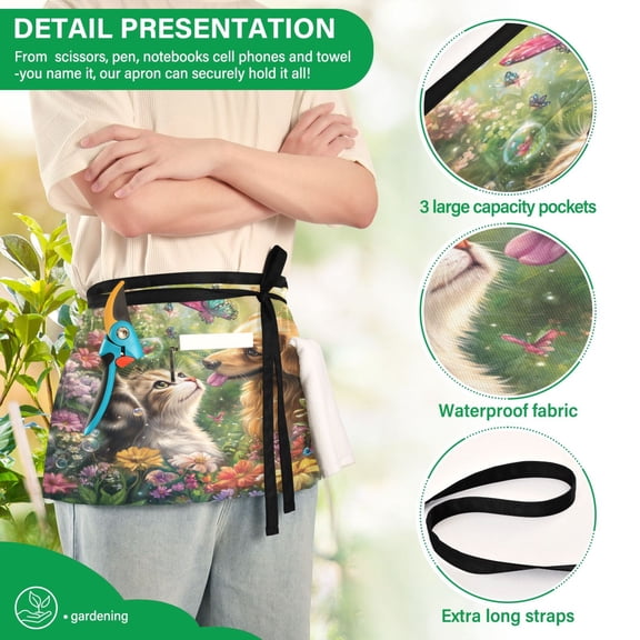 YAZAOO Aprons with Pockets for Server Aprons with 3 Pockets Water Resistant Half Waist Apron Cat and Dog in Garden