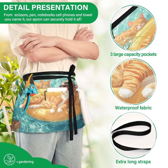 YAZAOO Aprons with Pockets for Server Aprons with 3 Pockets Water Resistant Half Waist Apron Cats Relaxing in Pool