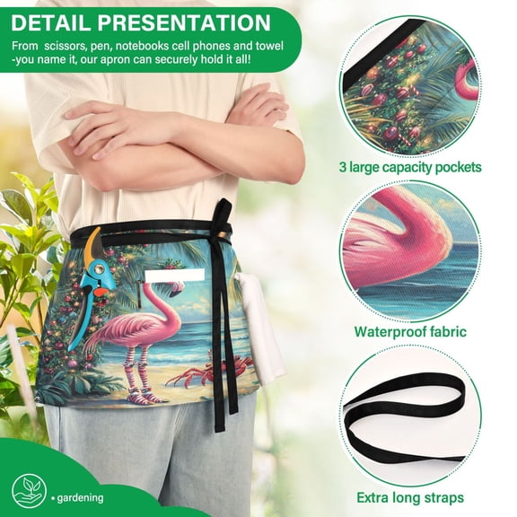 YAZAOO Aprons with Pockets for Server Aprons with 3 Pockets Water Resistant Half Waist Apron Chrismas Pink Flamingo