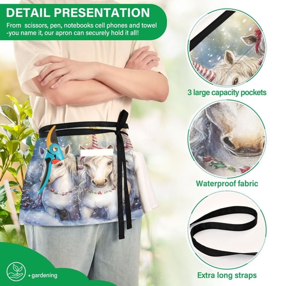 YAZAOO Aprons with Pockets for Server Aprons with 3 Pockets Water Resistant Half Waist Apron Christmas White Unicorns