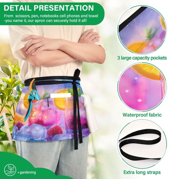 YAZAOO Aprons with Pockets for Server Aprons with 3 Pockets Water Resistant Half Waist Apron Colorful Cocktails with Raspberries