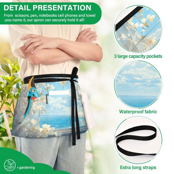 YAZAOO Aprons with Pockets for Server Aprons with 3 Pockets Water Resistant Half Waist Apron Curtains Flowers Ocean View