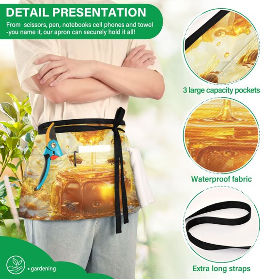 YAZAOO Aprons with Pockets for Server Aprons with 3 Pockets Water Resistant Half Waist Apron Cute Bee Take Honey