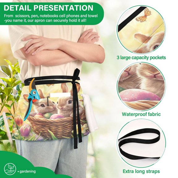 YAZAOO Aprons with Pockets for Server Aprons with 3 Pockets Water Resistant Half Waist Apron Cute Rabbit on Easter Basket