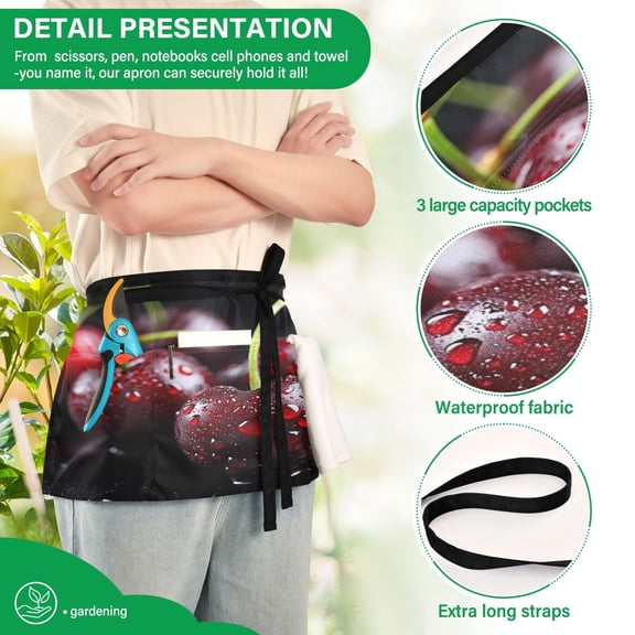 YAZAOO Aprons with Pockets for Server Aprons with 3 Pockets Water Resistant Half Waist Apron Dark Red Cherries