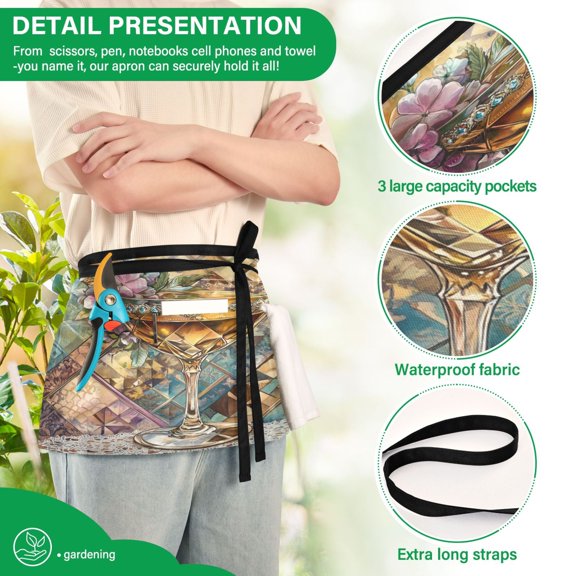 YAZAOO Aprons with Pockets for Server Aprons with 3 Pockets Water Resistant Half Waist Apron Decorative Cocktail Glass Illustration