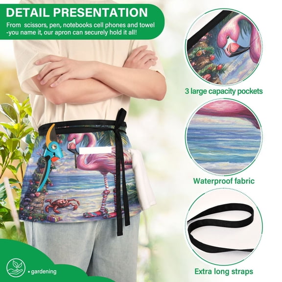YAZAOO Aprons with Pockets for Server Aprons with 3 Pockets Water Resistant Half Waist Apron Drawing Chrismas Flamingo