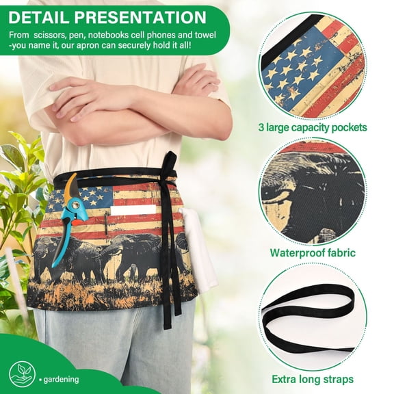 YAZAOO Aprons with Pockets for Server Aprons with 3 Pockets Water Resistant Half Waist Apron Elephants on Pasatiem