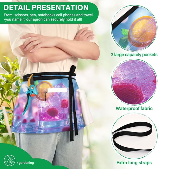 YAZAOO Aprons with Pockets for Server Aprons with 3 Pockets Water Resistant Half Waist Apron Fruity Drink with Raspberries Mint