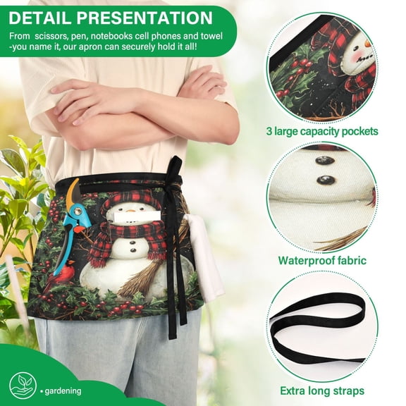 YAZAOO Aprons with Pockets for Server Aprons with 3 Pockets Water Resistant Half Waist Apron Hat Winter Snowman