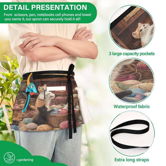 YAZAOO Aprons with Pockets for Server Aprons with 3 Pockets Water Resistant Half Waist Apron Kittens Playing with Yarn Balls