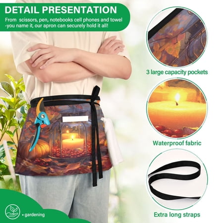 YAZAOO Aprons with Pockets for Server Aprons with 3 Pockets Water Resistant Half Waist Apron Lantern with Candle and Pumpkins