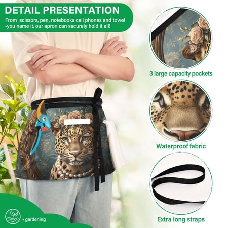 YAZAOO Aprons with Pockets for Server Aprons with 3 Pockets Water Resistant Half Waist Apron Leopard with Floral Crown Pearls