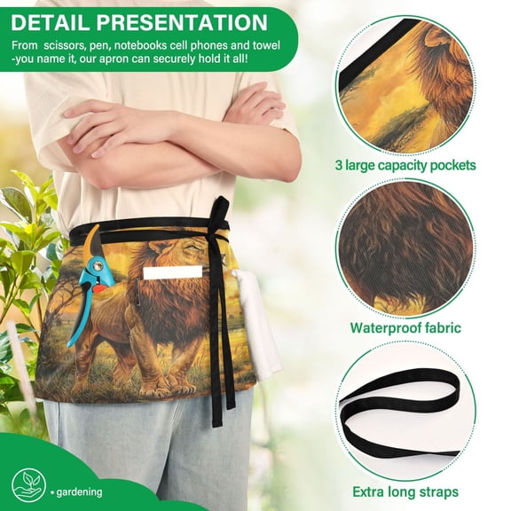 YAZAOO Aprons with Pockets for Server Aprons with 3 Pockets Water Resistant Half Waist Apron Lion Standing in Sunset