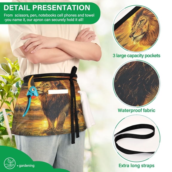 YAZAOO Aprons with Pockets for Server Aprons with 3 Pockets Water Resistant Half Waist Apron Lion in Savannah at Sunset