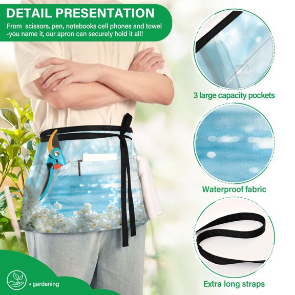 YAZAOO Aprons with Pockets for Server Aprons with 3 Pockets Water Resistant Half Waist Apron Ocean View Through Floral Window