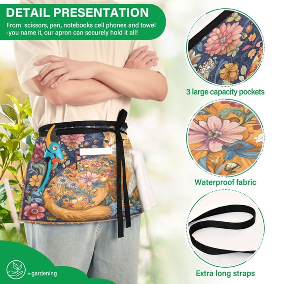 YAZAOO Aprons with Pockets for Server Aprons with 3 Pockets Water Resistant Half Waist Apron Orange Cat Printing