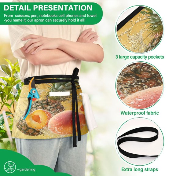 YAZAOO Aprons with Pockets for Server Aprons with 3 Pockets Water Resistant Half Waist Apron Pineapple Peaches with Water Splash