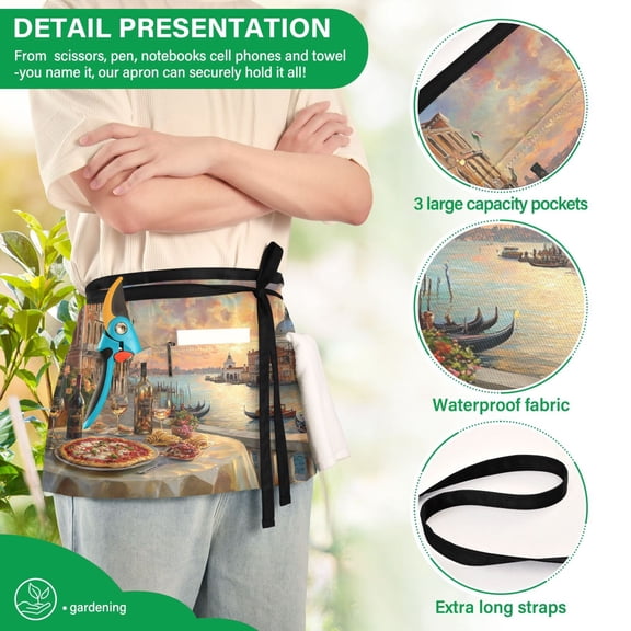 YAZAOO Aprons with Pockets for Server Aprons with 3 Pockets Water Resistant Half Waist Apron Pizza and Wine Overlooking Venice