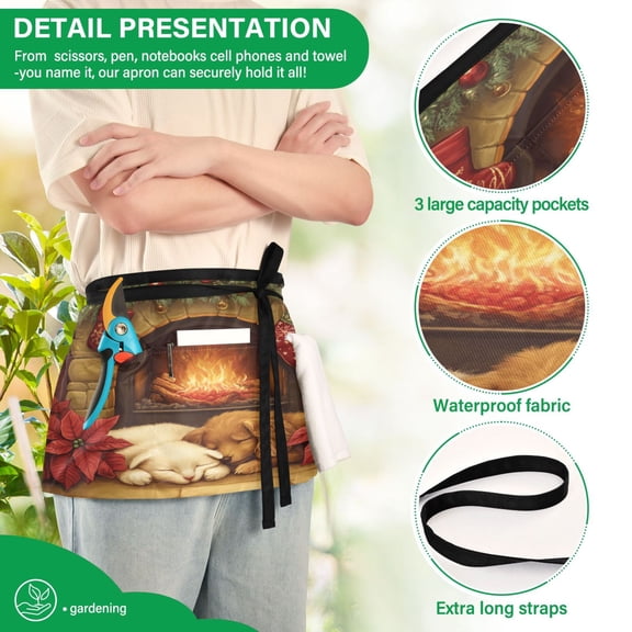 YAZAOO Aprons with Pockets for Server Aprons with 3 Pockets Water Resistant Half Waist Apron Puppies Sleeping by Fireplace