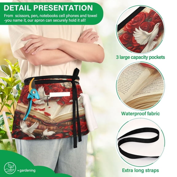 YAZAOO Aprons with Pockets for Server Aprons with 3 Pockets Water Resistant Half Waist Apron Red Roses White Doves Painting