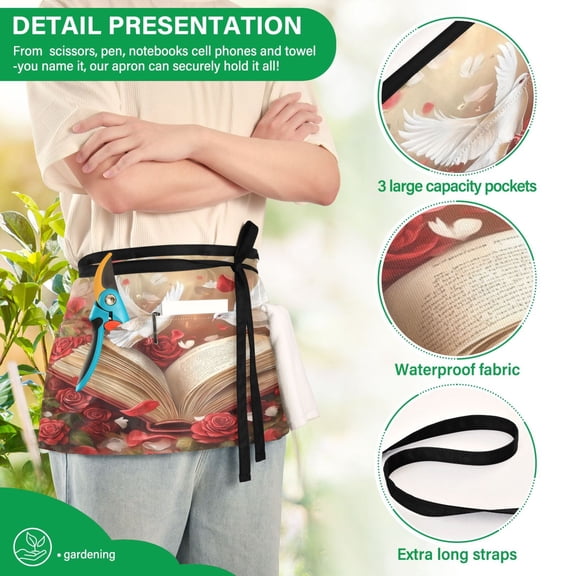 YAZAOO Aprons with Pockets for Server Aprons with 3 Pockets Water Resistant Half Waist Apron Red Roses White Doves Printing