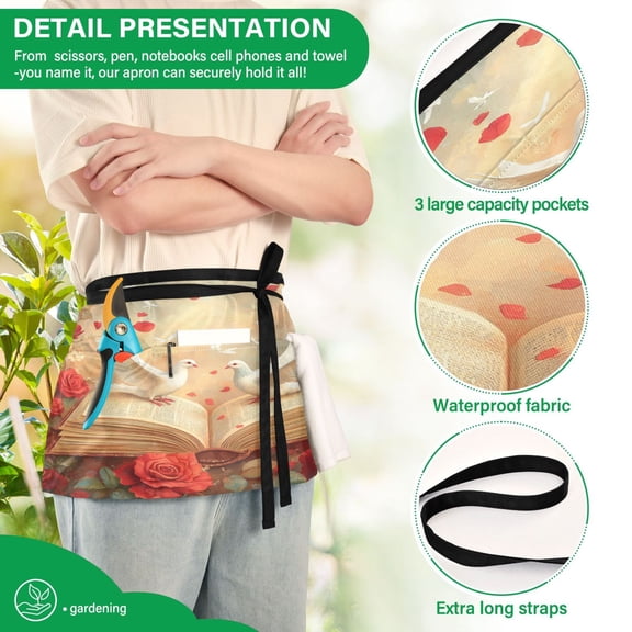YAZAOO Aprons with Pockets for Server Aprons with 3 Pockets Water Resistant Half Waist Apron Red Roses White Doves