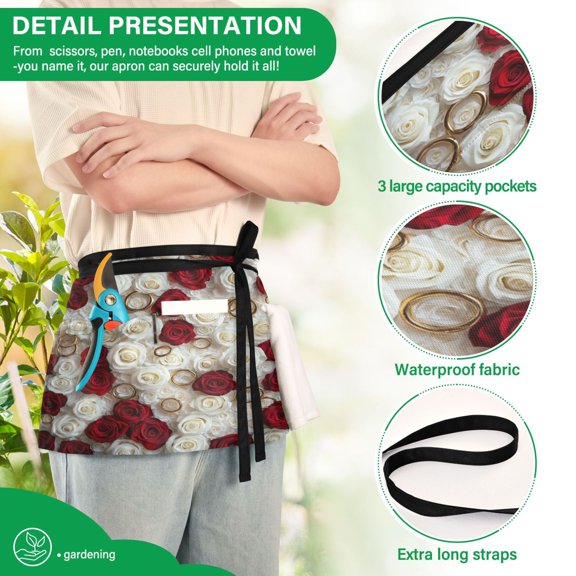YAZAOO Aprons with Pockets for Server Aprons with 3 Pockets Water Resistant Half Waist Apron Red and White Roses Rings