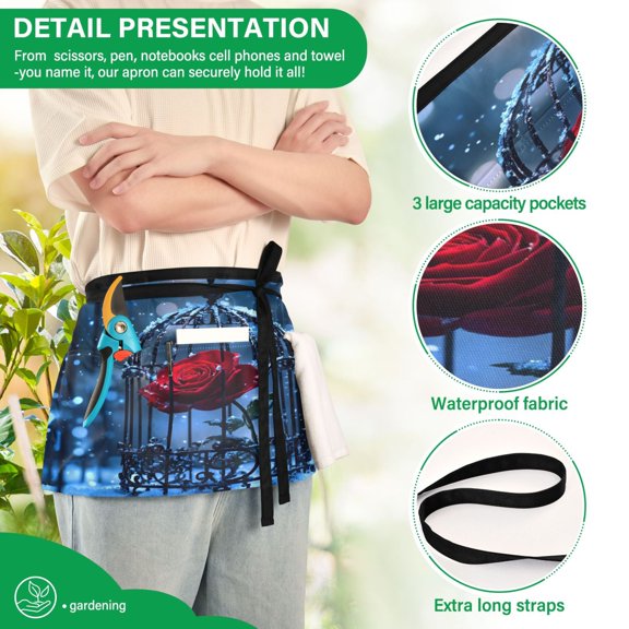 YAZAOO Aprons with Pockets for Server Aprons with 3 Pockets Water Resistant Half Waist Apron Rose Bloom in Winter