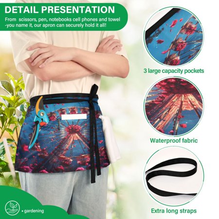 YAZAOO Aprons with Pockets for Server Aprons with 3 Pockets Water Resistant Half Waist Apron Roses Of Ferris Wheel Pattern
