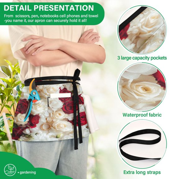 YAZAOO Aprons with Pockets for Server Aprons with 3 Pockets Water Resistant Half Waist Apron Roses and Gold Rings