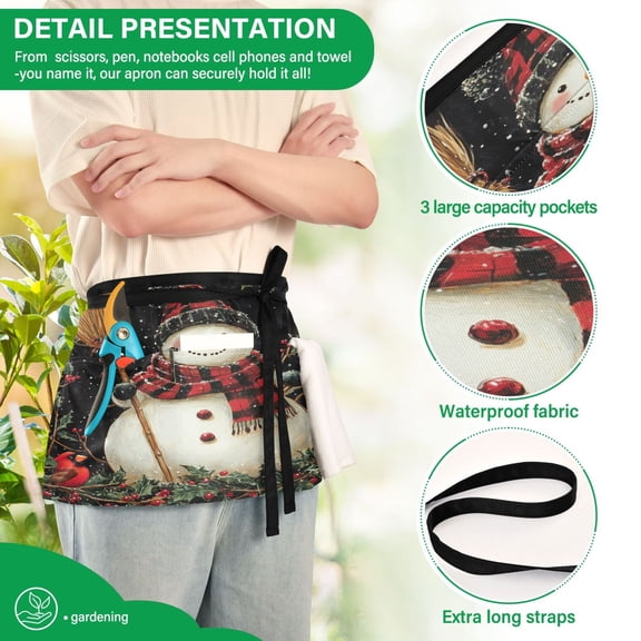 YAZAOO Aprons with Pockets for Server Aprons with 3 Pockets Water Resistant Half Waist Apron Scarf Winter Snowman