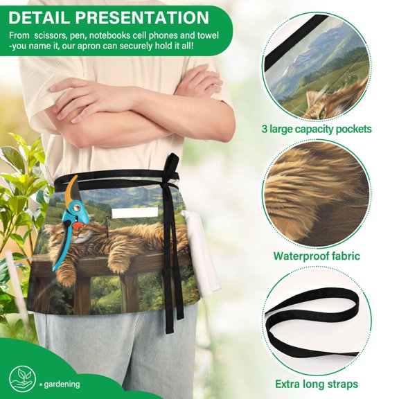 YAZAOO Aprons with Pockets for Server Aprons with 3 Pockets Water Resistant Half Waist Apron Side-lying Cat