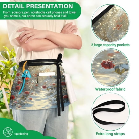YAZAOO Aprons with Pockets for Server Aprons with 3 Pockets Water Resistant Half Waist Apron Snowy Path with Red Roses