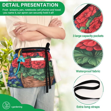 YAZAOO Aprons with Pockets for Server Aprons with 3 Pockets Water Resistant Half Waist Apron Star Rose Pattern