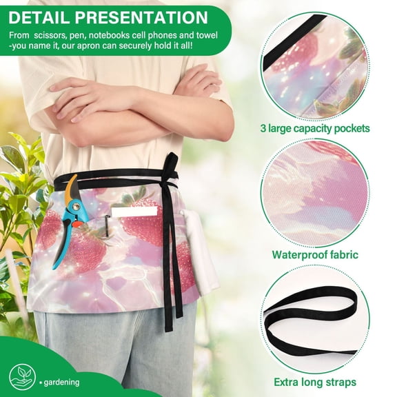YAZAOO Aprons with Pockets for Server Aprons with 3 Pockets Water Resistant Half Waist Apron Strawberries Floating