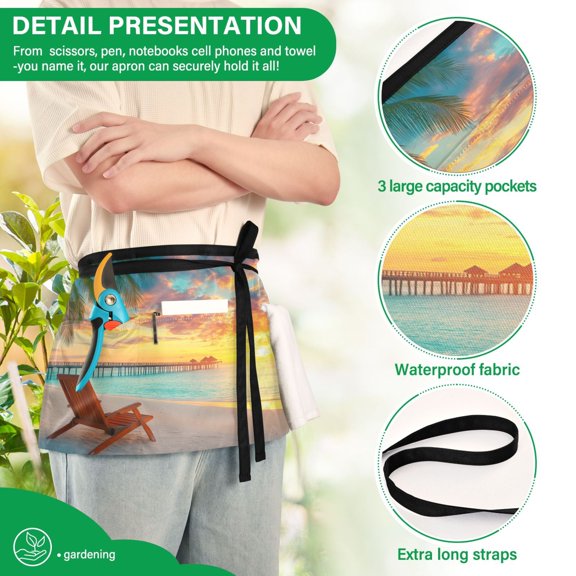 YAZAOO Aprons with Pockets for Server Aprons with 3 Pockets Water Resistant Half Waist Apron Sunset