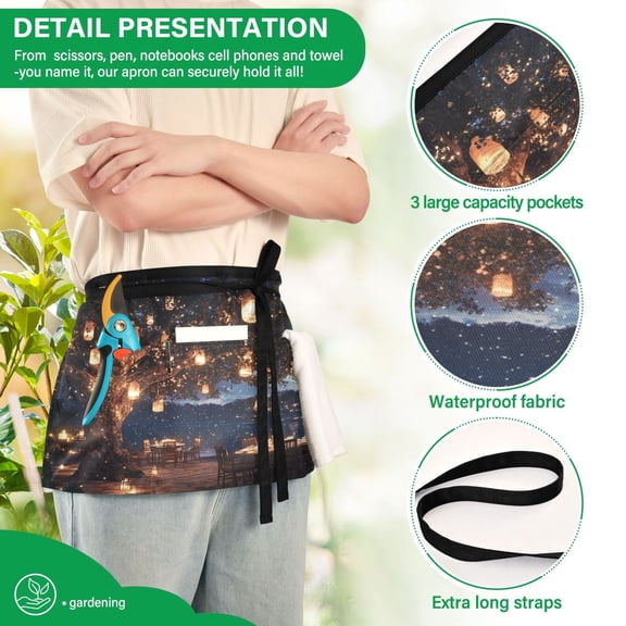 YAZAOO Aprons with Pockets for Server Aprons with 3 Pockets Water Resistant Half Waist Apron Tree with Lanterns