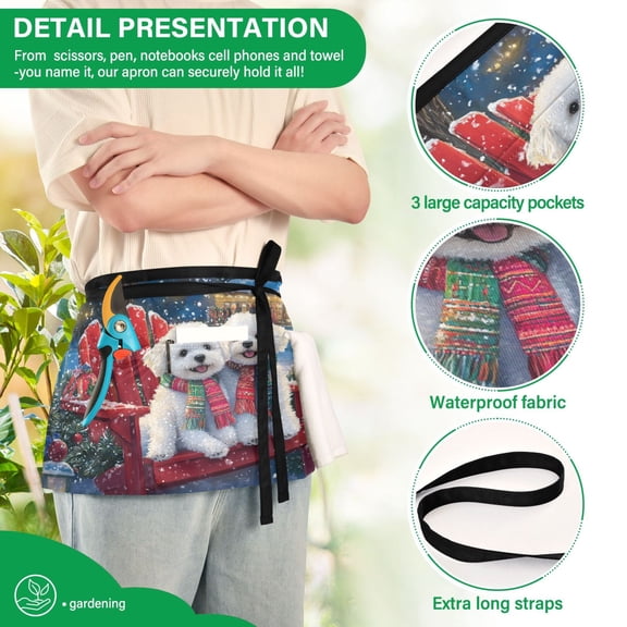 YAZAOO Aprons with Pockets for Server Aprons with 3 Pockets Water Resistant Half Waist Apron Two Dogs in Winter Scene