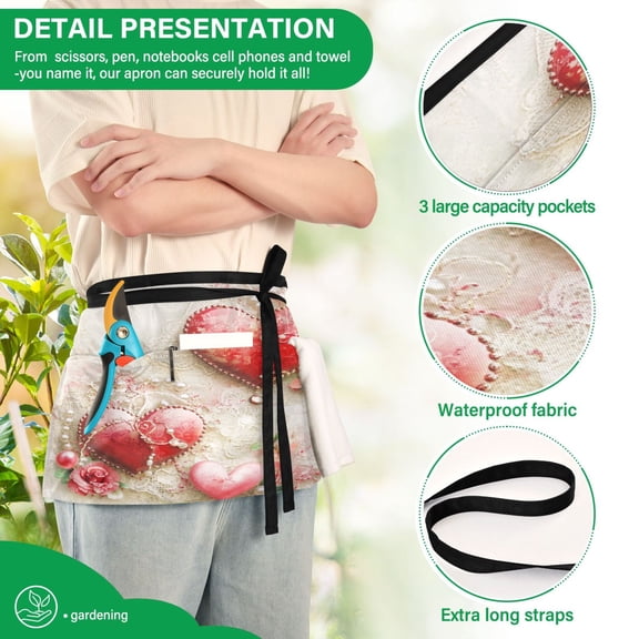 YAZAOO Aprons with Pockets for Server Aprons with 3 Pockets Water Resistant Half Waist Apron Valentines Day Heart Pattern